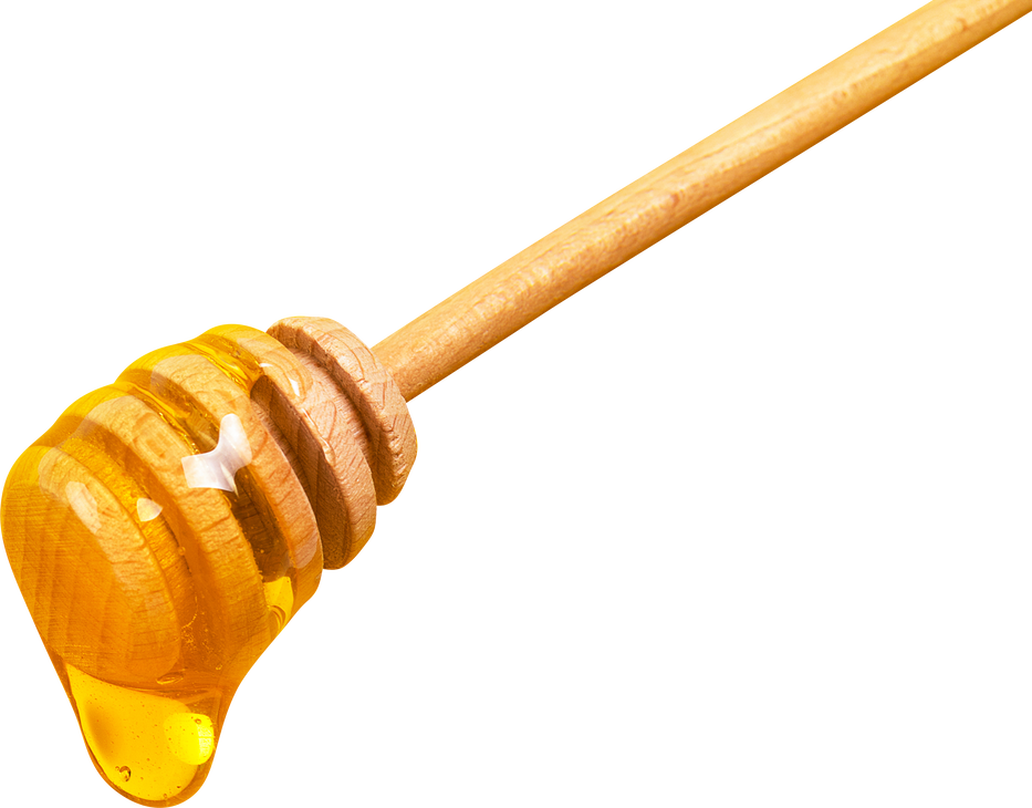 Honey dripping from honey dipper isolated on transparent background. Thick honey dipping from the wooden honey spoon. Healthy food and diet concept